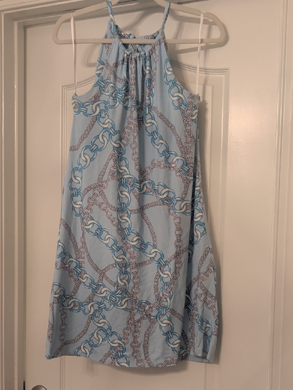 J McLaughlin Light Blue Chain-Print Halter Dress  Catalina Cloth M